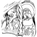 Saint Anthony of Padua and lady praying at the church vector drawing